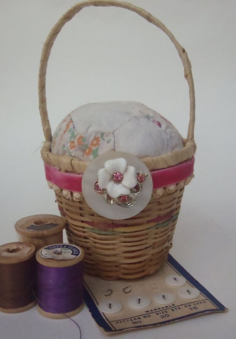 Vintage Quilt Pin Cushion Upcycled With MOP Button Wicker Etsy