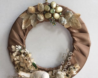 Small Fall Ribbon Wreath w/ Vintage Jewelry Millinery Flowers BIRD Unique Repurposed Upcycled Hanging Decoration