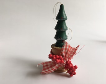 Tree Upcycled Spool Christmas Ornament Vintage Wooden Hanging Decoration Holly Berries Red White Green