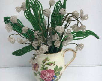 Lily of the Valley Sweet Vintage Bone China Pitcher with Wire Seed Bead Flower Bouquet Arrangement May Birthday Flower Gift