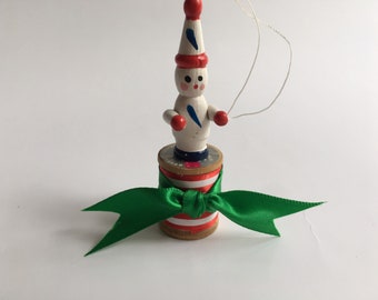 Snowman Upcycled Spool Christmas Ornament Vintage Wooden Hanging Decoration Red White Green Ribbon