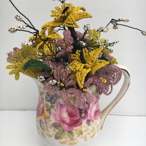 Yellow and Pink Vintage Wire Seed Bead Flowers in Sweet Vintage Bone China Creamer Flower Bouquet Arrangement Serena image 1