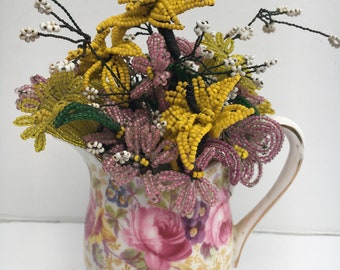 Yellow and Pink Vintage Wire Seed Bead Flowers in Sweet Vintage Bone China Creamer Flower Bouquet Arrangement Serena