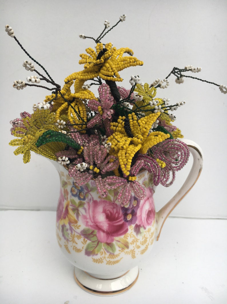 Yellow and Pink Vintage Wire Seed Bead Flowers in Sweet Vintage Bone China Creamer Flower Bouquet Arrangement Serena image 1