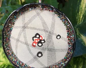 Retro ATOM Op Art Science Nerd Christmas Ornament Upcycled Repurposed Jar Lid You and Electronics Vintage Art Glitter Black White Mod