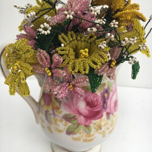 Yellow and Pink Vintage Wire Seed Bead Flowers in Sweet Vintage Bone China Creamer Flower Bouquet Arrangement Serena image 6