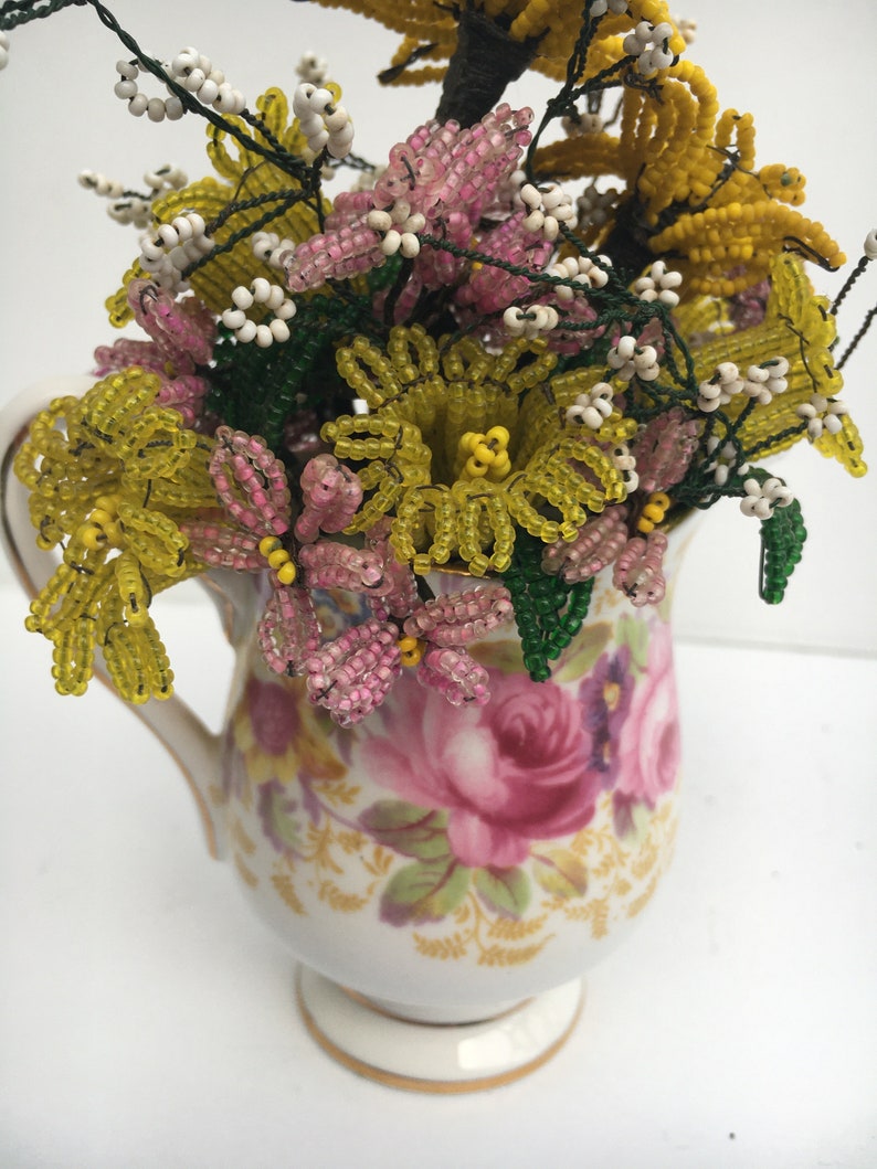 Yellow and Pink Vintage Wire Seed Bead Flowers in Sweet Vintage Bone China Creamer Flower Bouquet Arrangement Serena image 6