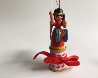 Upcycled ANGEL Drummer Vintage Spool Christmas Ornament Vintage Wooden Hanging Decoration Red White