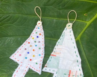 REDUCED!  2 for 15 dollars! Two Vintage Quilt Tree Christmas Ornaments Repurposed Upcycled Hand stitched Beaded Green White