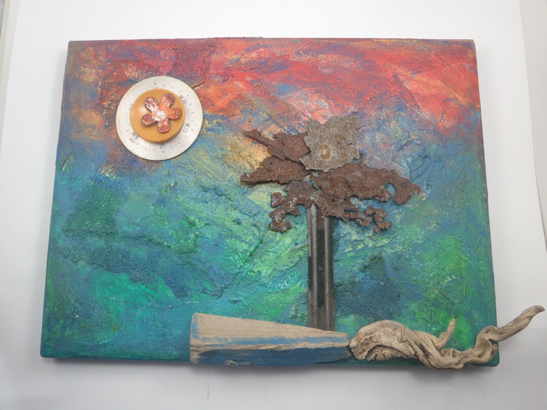 Original Art Mixed Media Assemblage FLORIDAY Colorful Painting Found ...