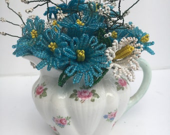 Sweet Vintage Bone China Creamer with Wire Seed Bead Flower Bouquet Arrangement Blue White