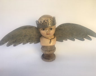 Vintage Angel DOLL Head Assemblage Repurposed Upcycled Sculpture Mixed Media Art Unique