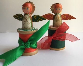 2 Upcycled Vintage Wooden Angel Ornaments Vintage Spool Christmas Ornament Wooden Hanging Decoration