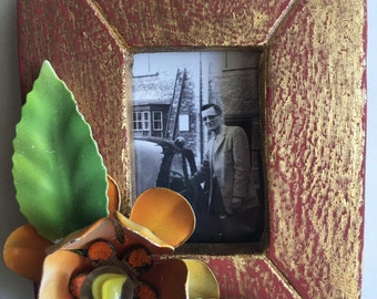 Vintage Enamel Flower Leaves FRAME standing Decorative Photo Frame Gold Orange Red Green Yellow