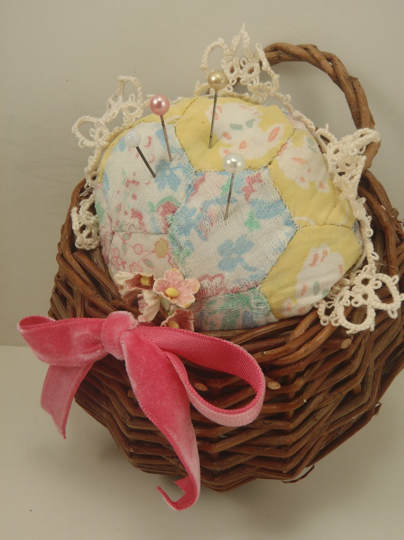 Upcycled Quilt Pin Cushion in Hanging Basket Repurposed Etsy