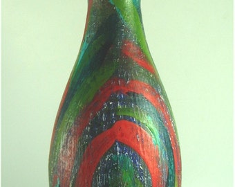 Funky Bowling Pin Art Hand Painted Turquoise Red Green
