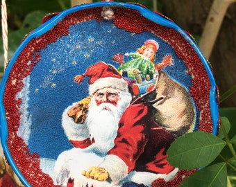 Blue SANTA CLAUS Christmas Ornament Upcycled Repurposed Jar Lid Victorian era Santa Blue Red