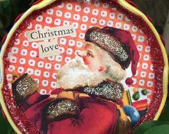 Yellow SANTA CLAUS Christmas Ornament Upcycled Repurposed Jar Lid Victorian era Santa Yellow Red Christmas Love