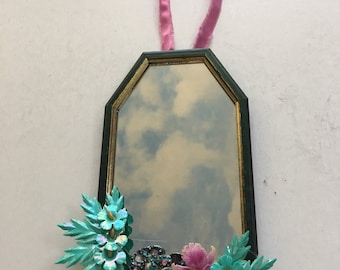 Sweet Rhinestone Jeweled Mirror Green Aqua Purple Vintage Jewelry Earrings Brooch Repurposed Unique 8 sided Art Mirror hanging