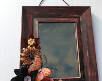 Fall Flowers Mirror Assemblage Vintage Metal Jewelry Enamel Wall Hanging Upcycled