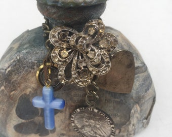 Art Altered Upcycled Bottle Silver Gray Flowers Rhinestones Cross Medallions Heart charm Prop Gift Display Collectible