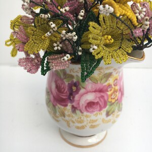 Yellow and Pink Vintage Wire Seed Bead Flowers in Sweet Vintage Bone China Creamer Flower Bouquet Arrangement Serena image 4