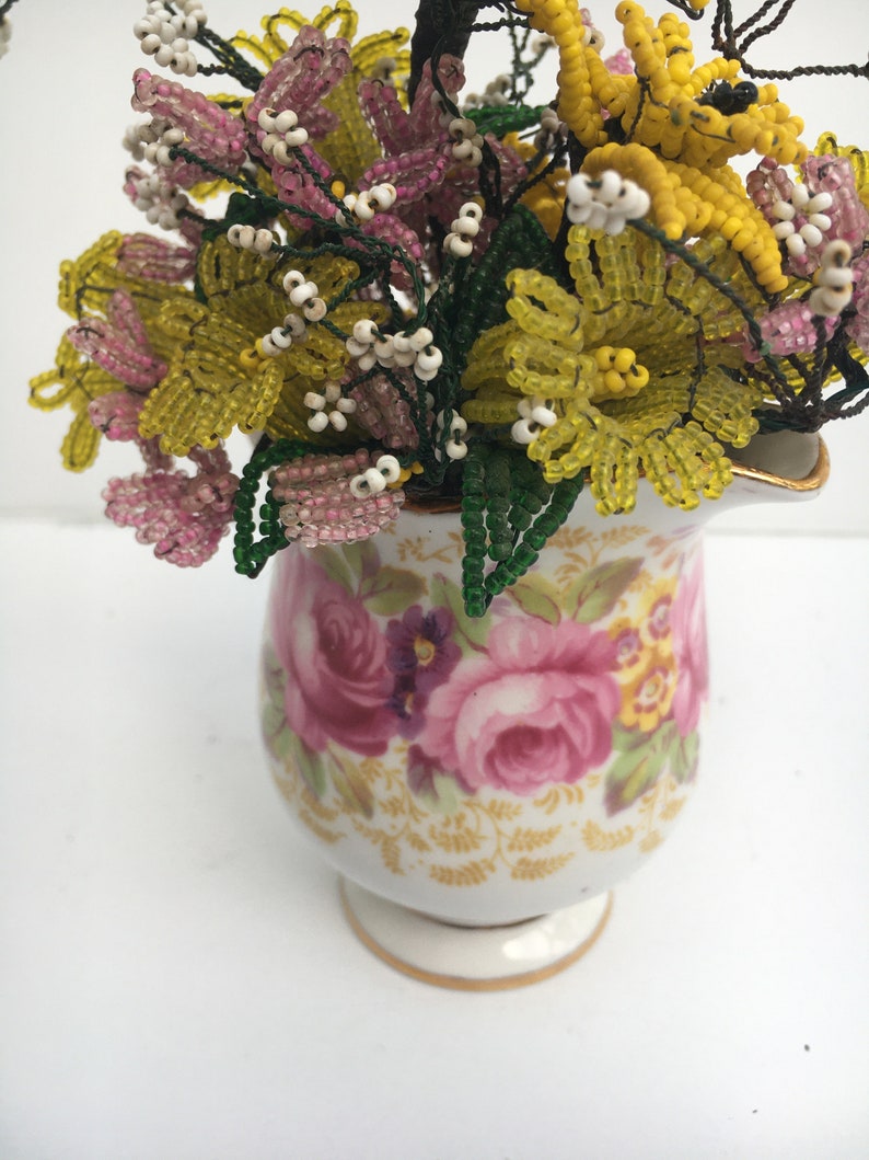Yellow and Pink Vintage Wire Seed Bead Flowers in Sweet Vintage Bone China Creamer Flower Bouquet Arrangement Serena image 4