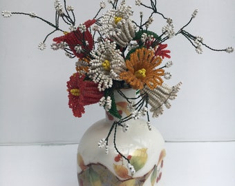 Sweet Vintage Wire Seed Bead Flower Bouquet Arrangement in Asian Vase Unique Red