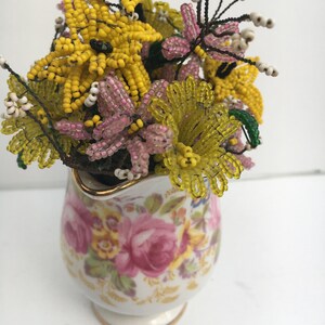 Yellow and Pink Vintage Wire Seed Bead Flowers in Sweet Vintage Bone China Creamer Flower Bouquet Arrangement Serena image 3