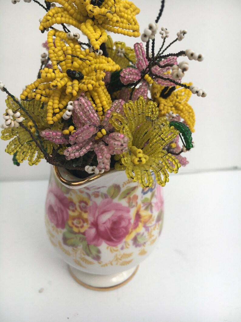 Yellow and Pink Vintage Wire Seed Bead Flowers in Sweet Vintage Bone China Creamer Flower Bouquet Arrangement Serena image 3