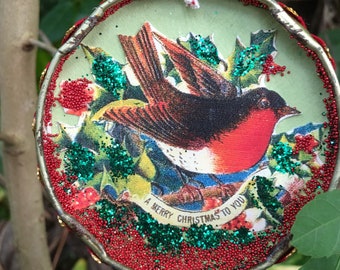 Holly BIRD Christmas Ornament Upcycled Repurposed Jar Lid Victorian Art Red Green Glitter Merry Christmas to You