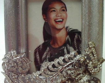 Upcycled Rhinestone Picture Frame Small Standing Frame Silver