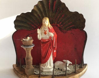 Jesus SHRINE Art Assemblage Jesus with Lamb Dove Vintage Clamshell DustPan Red Rustic Upcycled Repurposed Found Object Religious Art