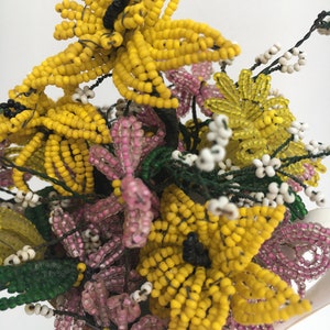 Yellow and Pink Vintage Wire Seed Bead Flowers in Sweet Vintage Bone China Creamer Flower Bouquet Arrangement Serena image 5