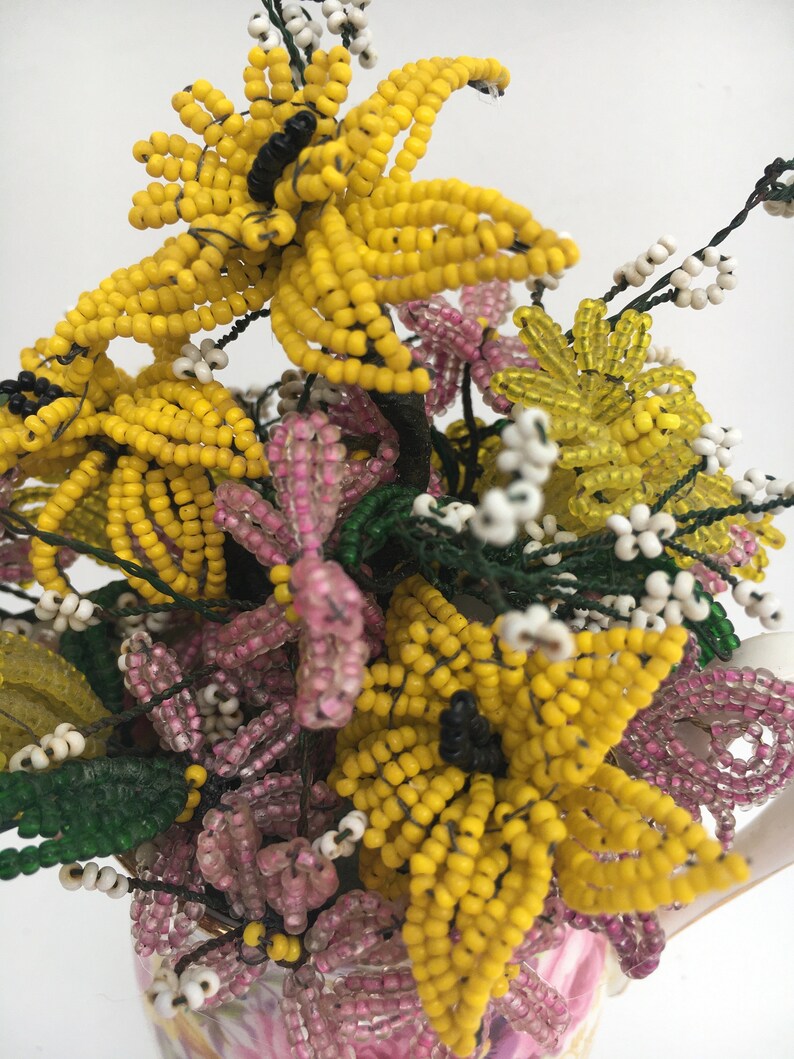 Yellow and Pink Vintage Wire Seed Bead Flowers in Sweet Vintage Bone China Creamer Flower Bouquet Arrangement Serena image 5
