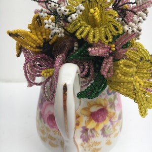 Yellow and Pink Vintage Wire Seed Bead Flowers in Sweet Vintage Bone China Creamer Flower Bouquet Arrangement Serena image 7