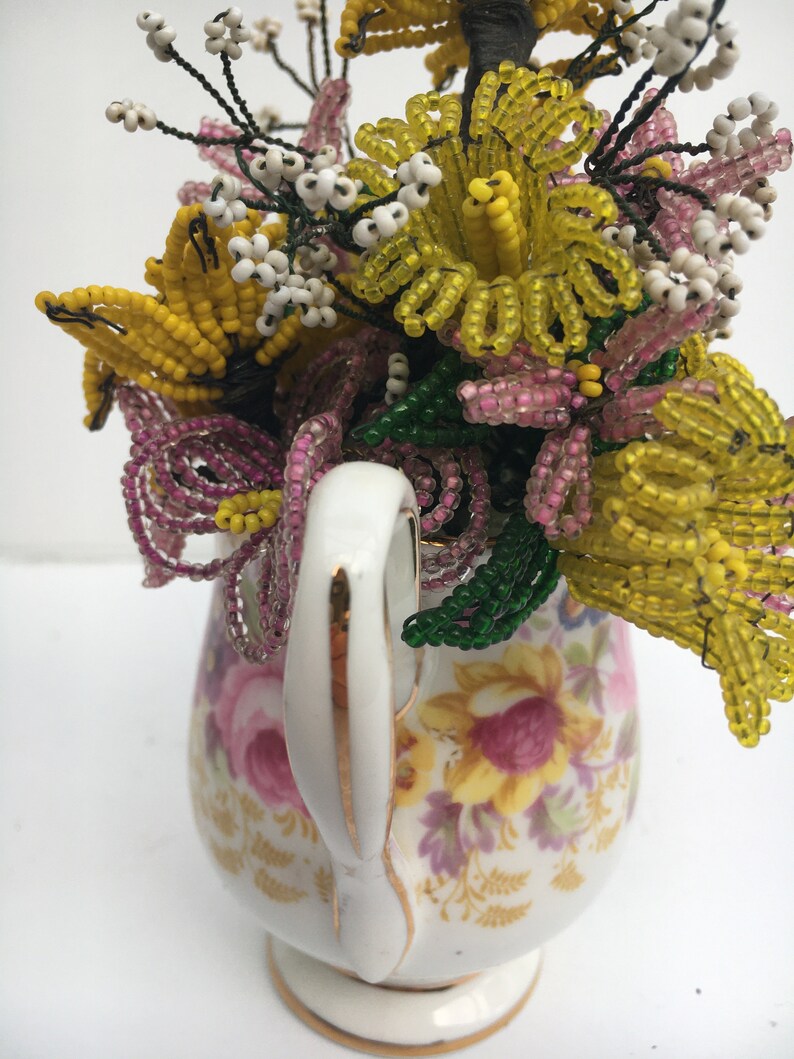 Yellow and Pink Vintage Wire Seed Bead Flowers in Sweet Vintage Bone China Creamer Flower Bouquet Arrangement Serena image 7