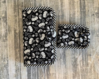 Two Piece Sewing Organizer Set: Black & White Fabric Pouch and Needle Book