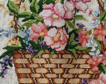 Completed Cross Stitch Ready to frame or pillow Spring Flower Basket