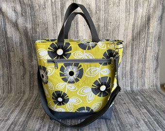 Finley Tote: Large Zippered Tote Bag, Gray Floral Chartreuse, Cork Bottom