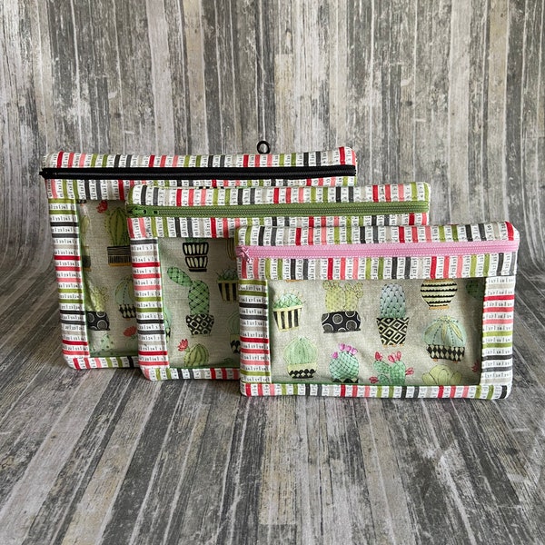 I-Spy Supply Pouch Windowed Pouch Zippered Pouch Choose from Three sizes Cactus on Green Ticker Tape Trim