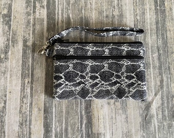 Smartphone iPhone Cell Phone Case, Double Pocket Wristlet, Detachable Strap, Black and White Snake Skin