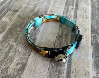 Cat Collar with Breakaway Buckle Big Eyed Cats on Turquoise