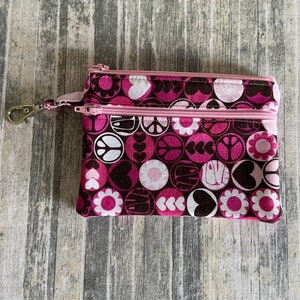 Monedero grande con cremallera, monedero para monedas, estuche para dispositivos, monedero con doble cremallera, rosa y marrón, paz, amor y poder de las flores