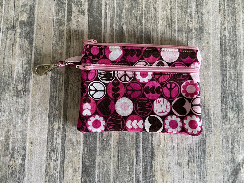 Larger Zippered Wallet Card Change Purse Gadget Case Double Zip Wallet Pouch Pink and Brown Peace Love and Flower Power image 1