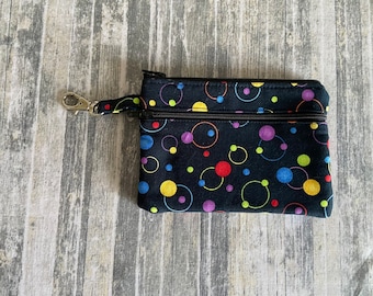 Zippered Wallet: Black Cotton Pouch with Colorful Dots