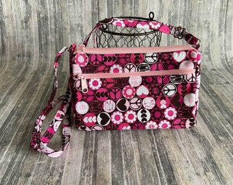 Sassy Cross Body Hipster with Adjustable Strap Pink and Brown Peace Love and Flower Power