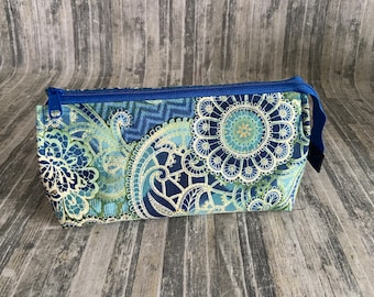 Pop Open Cosmetic Bag: Green & Blue Floral Cotton Travel Case