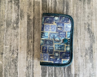 Blue Postal Stamps Thread Catcher: Cross Stitch Needle Holder