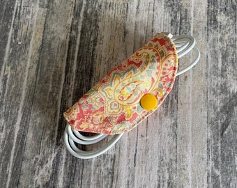 Cord Keeper Cord Taco Cord saver Cord Holder Travel cord case cord organizer yellow and peach paisley